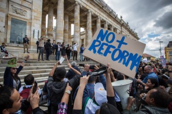 Civil society meets in PlazaBolívar in the city of Bogotá,Colombia to demonstrate theirdiscontent against PresidentIván Duque and the taxreform in the framework of theNational Strike. 2019